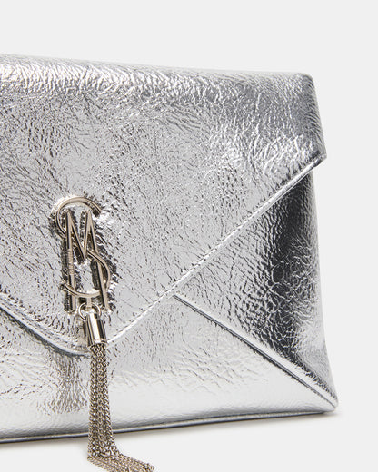 PARTAY Bag Silver Oversized Crinkle Envelope Logo Clutch Handbag | Steve Madden