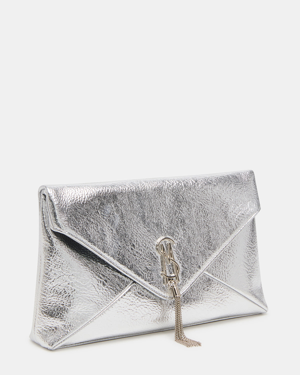 PARTAY Bag Silver Oversized Crinkle Envelope Logo Clutch Handbag | Steve Madden