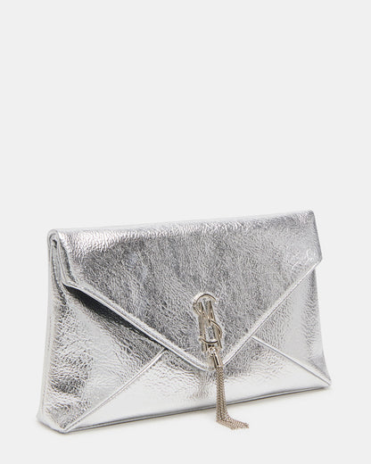 PARTAY Bag Silver Oversized Crinkle Envelope Logo Clutch Handbag | Steve Madden