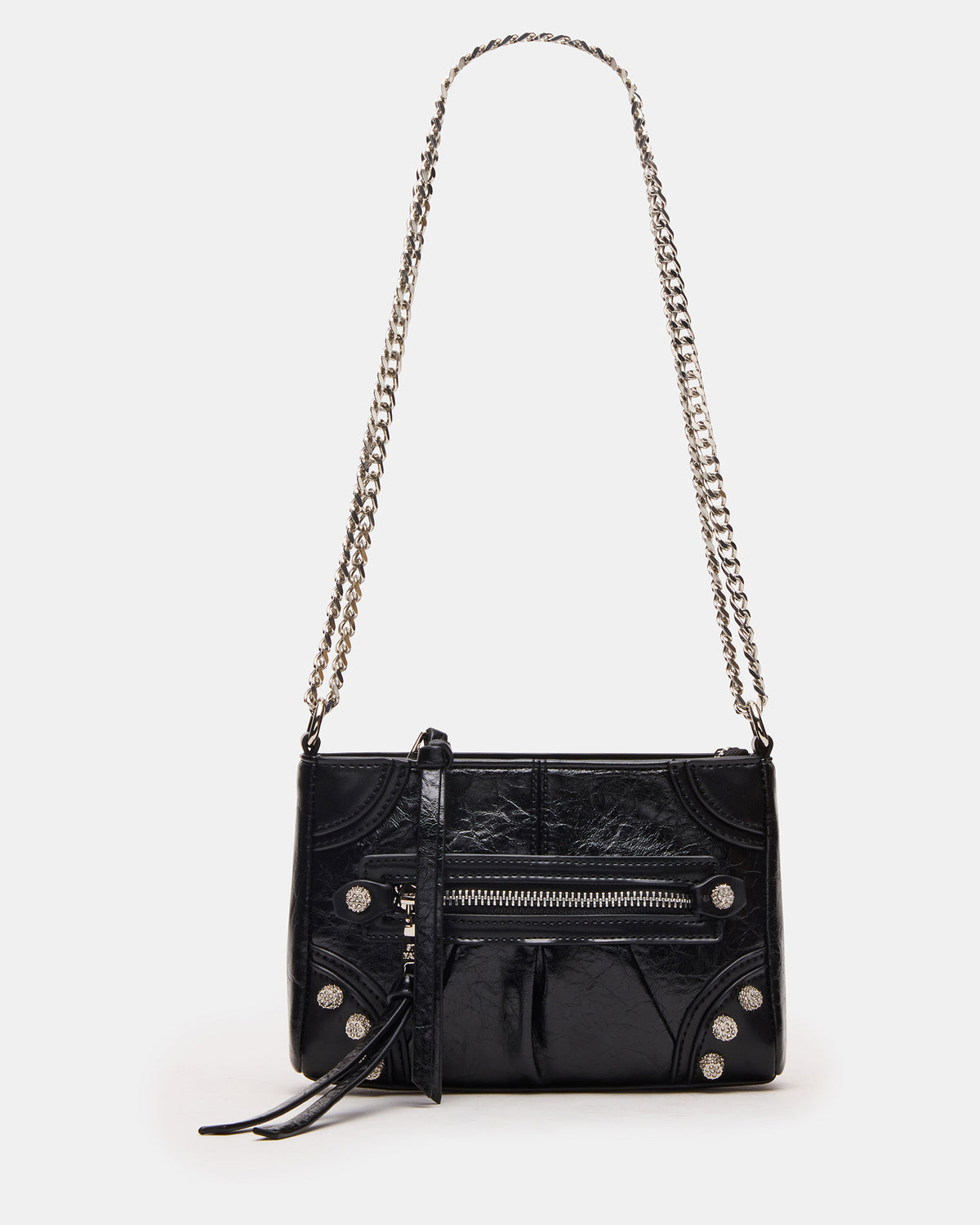 SKY Bag Black/Silver Moto Rhinestone Embellished Stud Crossbody Handbag | Steve Madden