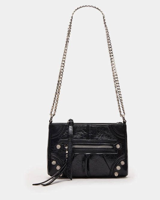 SKY Bag Black/Silver Moto Rhinestone Embellished Stud Crossbody Handbag | Steve Madden