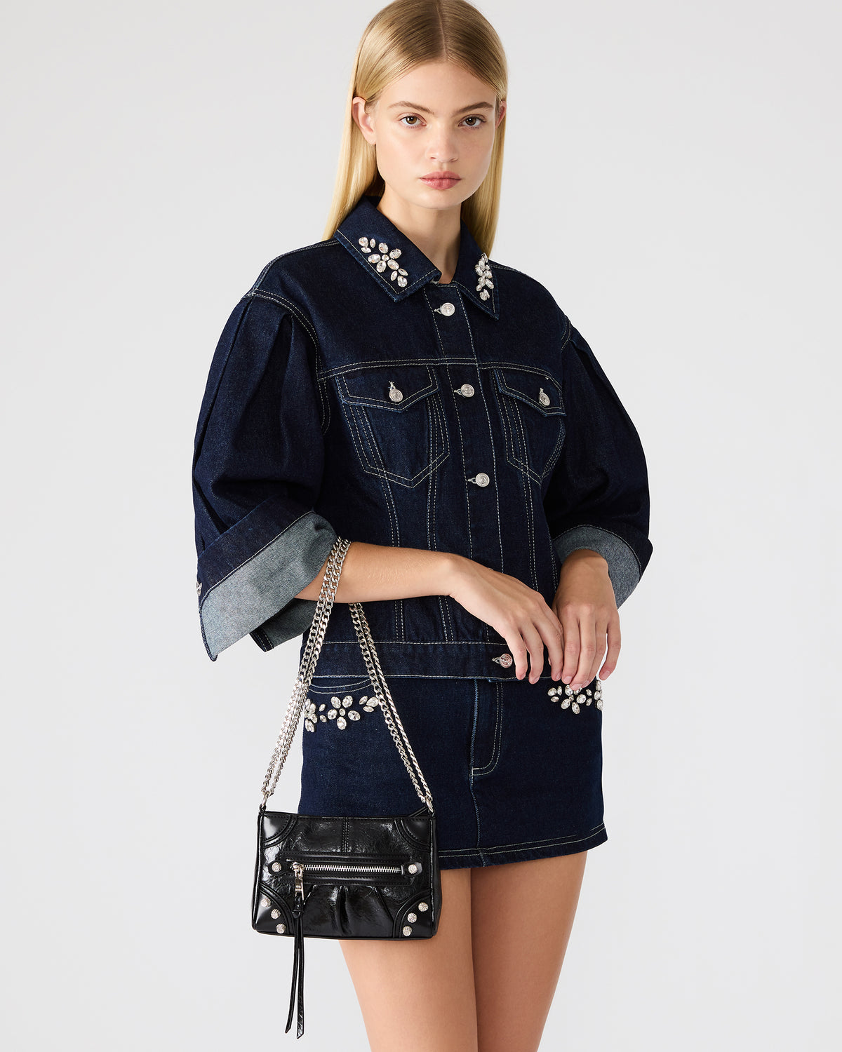 SKY Bag Black/Silver Moto Rhinestone Embellished Stud Crossbody Handbag | Steve Madden