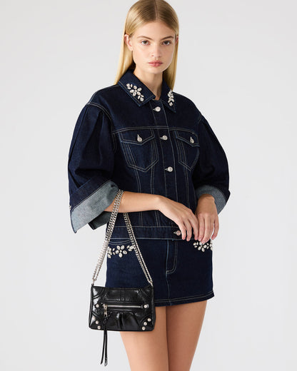 SKY Bag Black/Silver Moto Rhinestone Embellished Stud Crossbody Handbag | Steve Madden