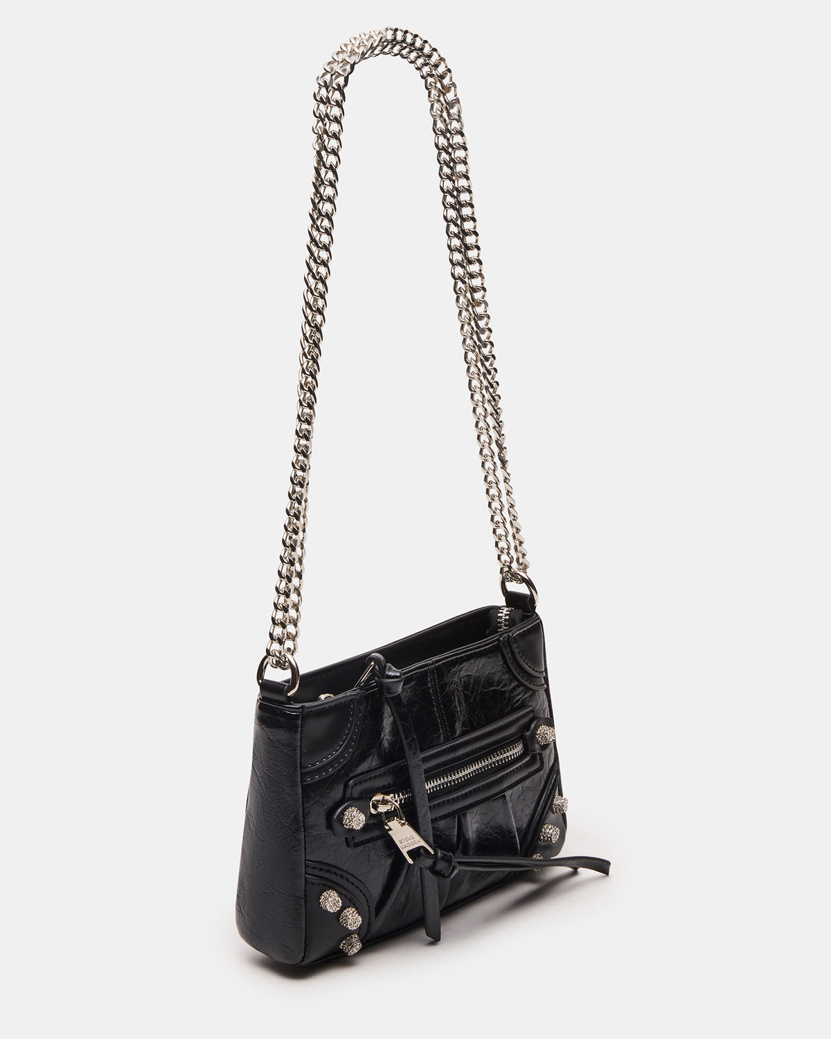 SKY Bag Black/Silver Moto Rhinestone Embellished Stud Crossbody Handbag | Steve Madden