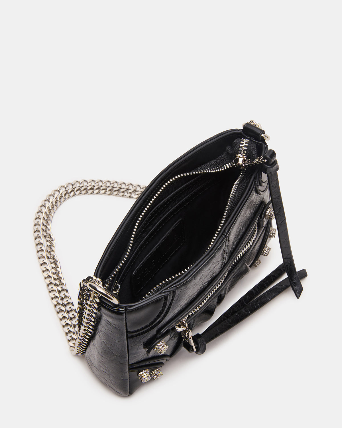 SKY Bag Black/Silver Moto Rhinestone Embellished Stud Crossbody Handbag | Steve Madden