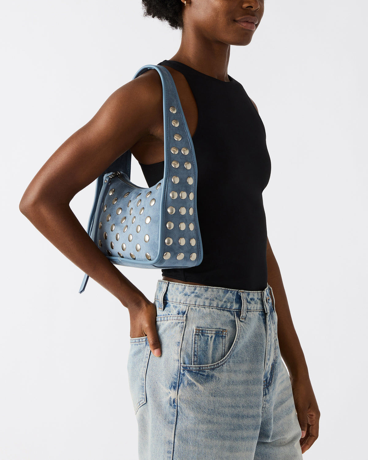 CHEYANN Bag Light Blue Hobo Dome-Studded Shoulder Strap Women's Handbag | Steve Madden