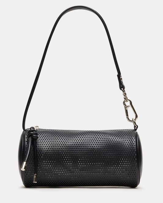 PRIYA Perforated Bag Black Mini Barrel Shoulder Handbag | Steve Madden