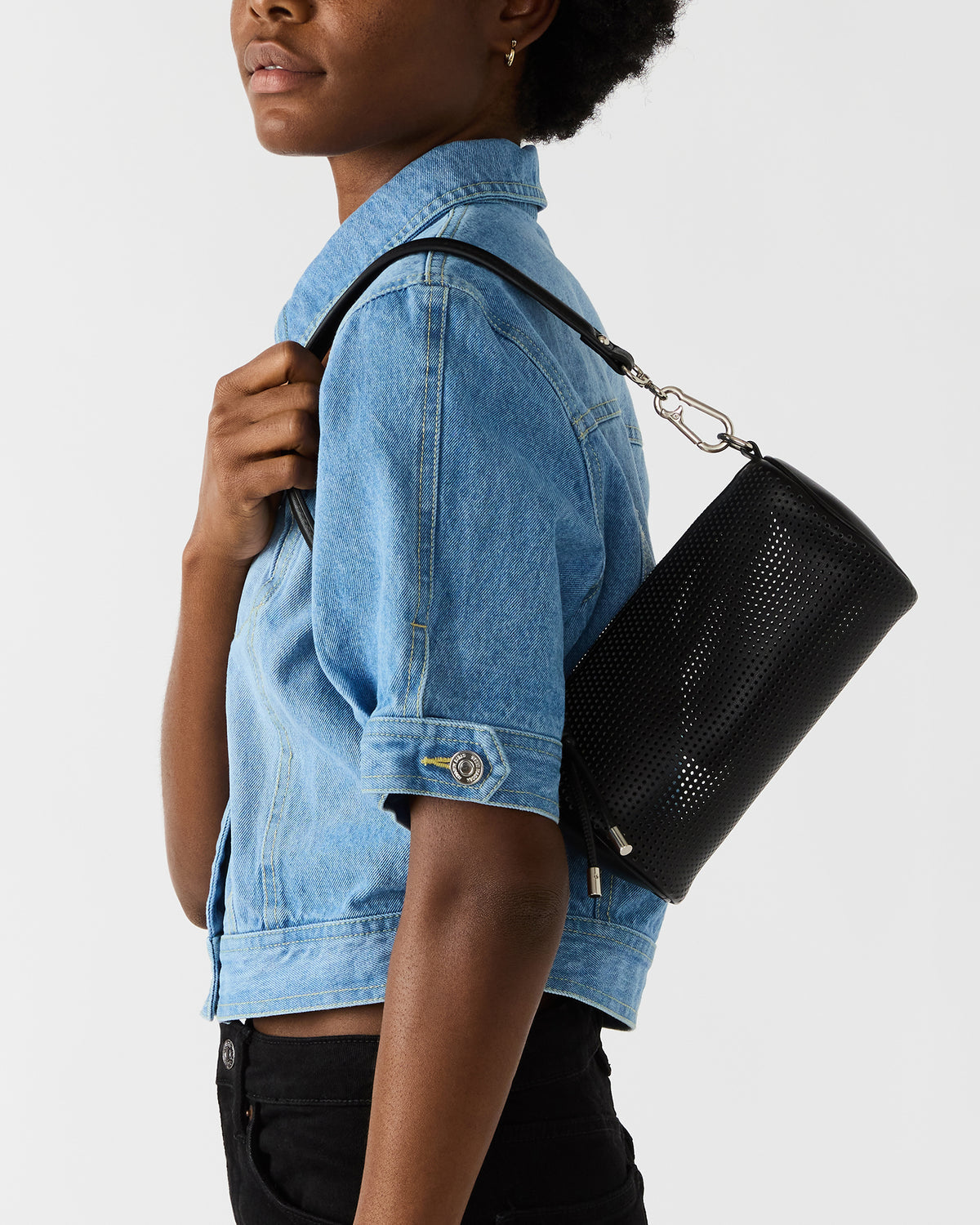 PRIYA Perforated Bag Black Mini Barrel Shoulder Handbag | Steve Madden