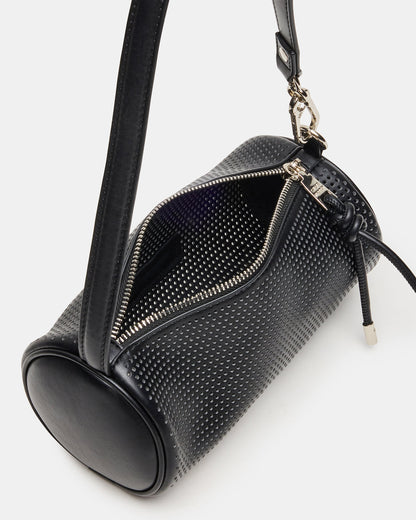 PRIYA Perforated Bag Black Mini Barrel Shoulder Handbag | Steve Madden