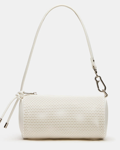 PRIYA Perforated Bag White Mini Barrel Shoulder Handbag | Steve Madden