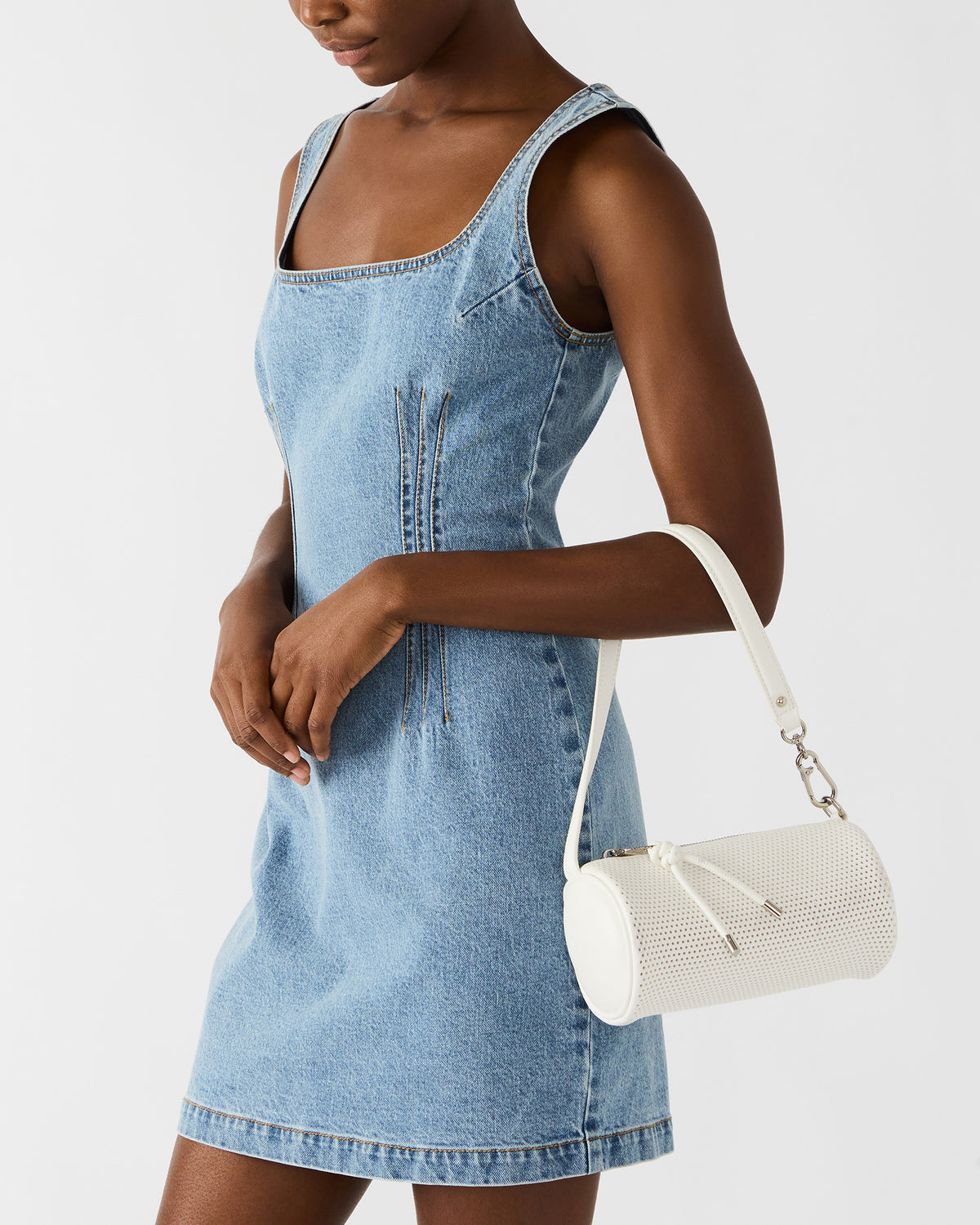 PRIYA Perforated Bag White Mini Barrel Shoulder Handbag | Steve Madden
