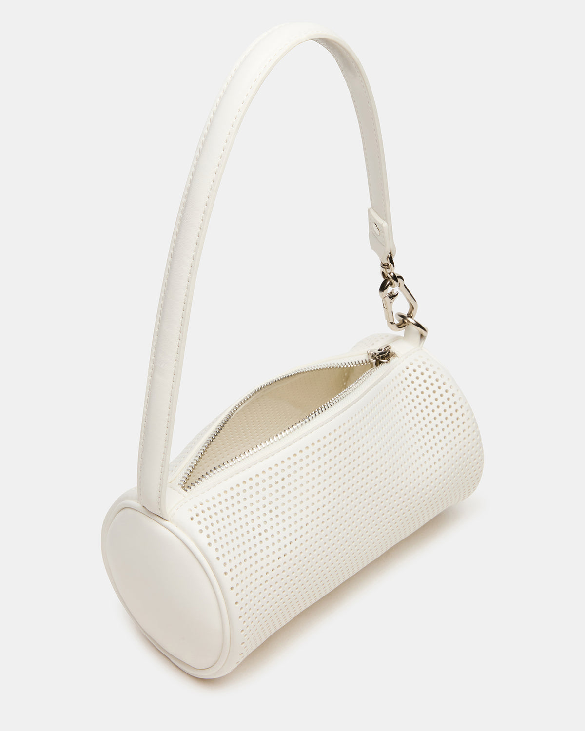 PRIYA Perforated Bag White Mini Barrel Shoulder Handbag | Steve Madden