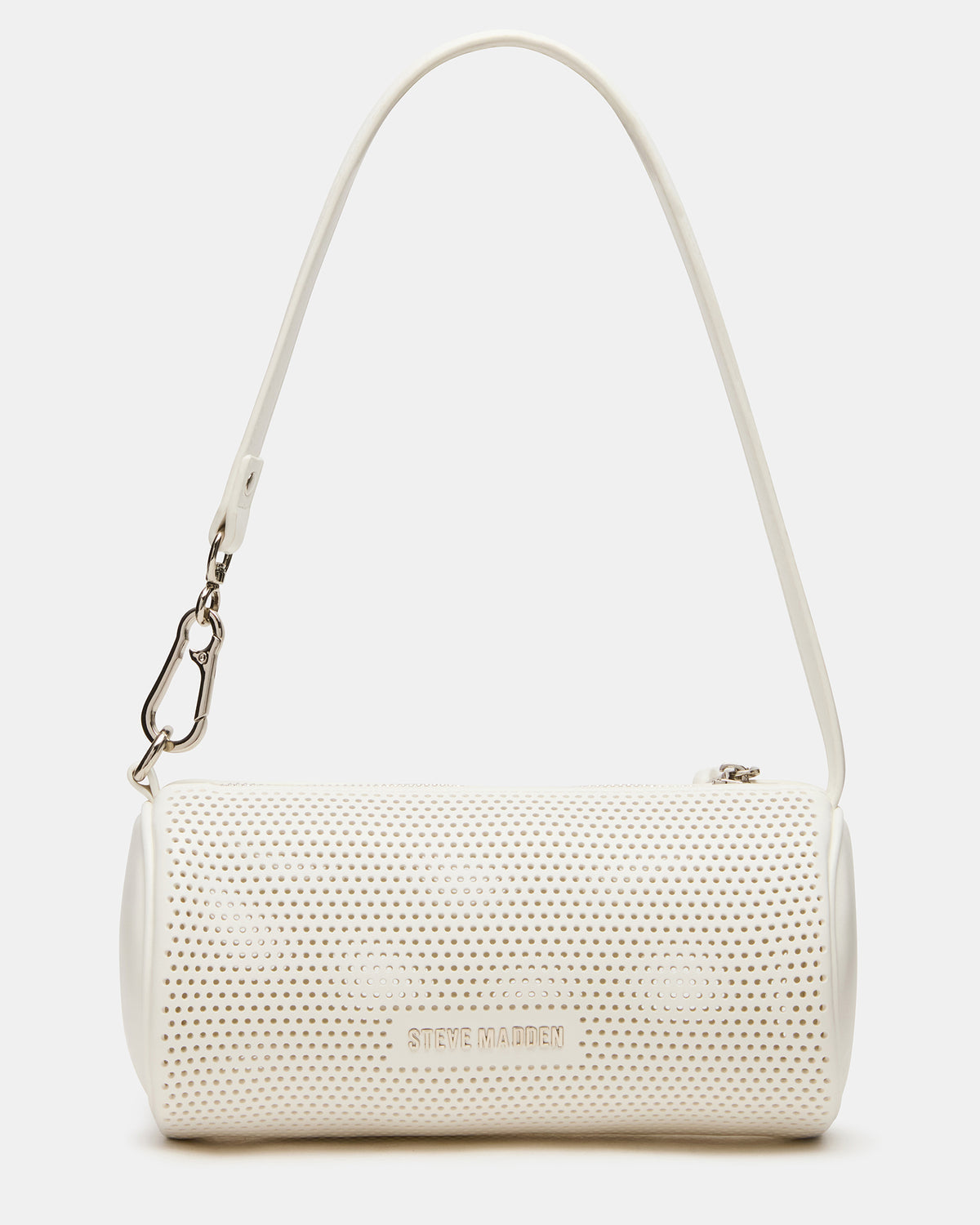 PRIYA Perforated Bag White Mini Barrel Shoulder Handbag | Steve Madden