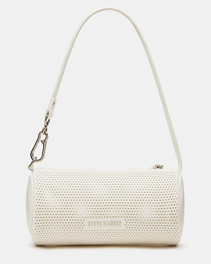 PRIYA Perforated Bag White Mini Barrel Shoulder Handbag | Steve Madden