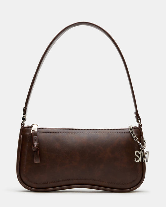 ANGEL Bag Brown Distressed Top-Zipper Structured Shoulder Strap Handbag | Steve Madden
