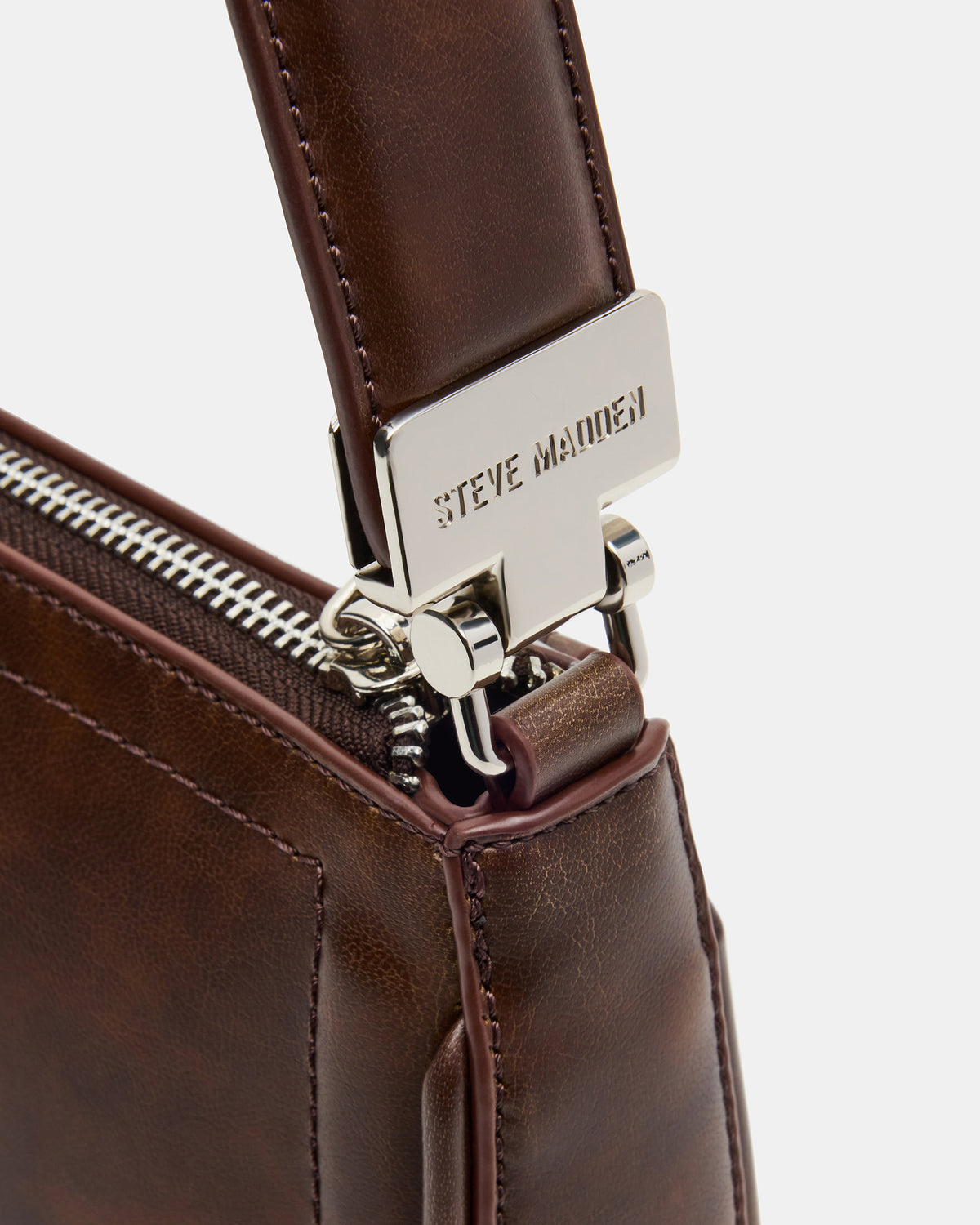 ANGEL Bag Brown Distressed Top-Zipper Structured Shoulder Strap Handbag | Steve Madden