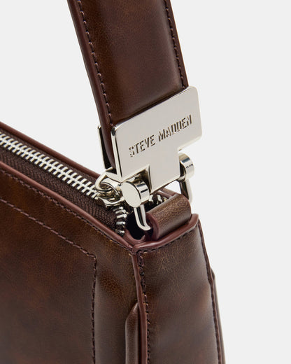 ANGEL Bag Brown Distressed Top-Zipper Structured Shoulder Strap Handbag | Steve Madden