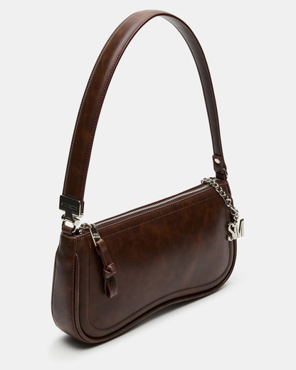 ANGEL Bag Brown Distressed Top-Zipper Structured Shoulder Strap Handbag | Steve Madden