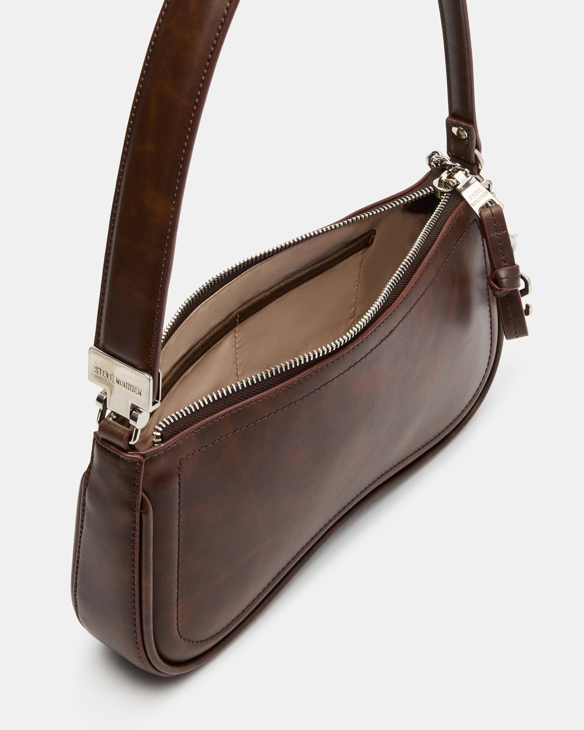 ANGEL Bag Brown Distressed Top-Zipper Structured Shoulder Strap Handbag | Steve Madden