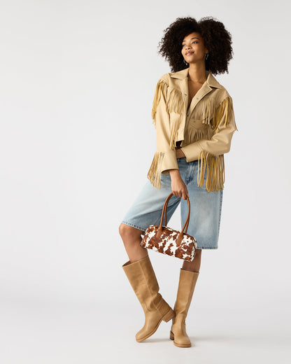 ANISE Bag Brown Cow Print Elongated Shoulder Strap Handbag | Steve Madden