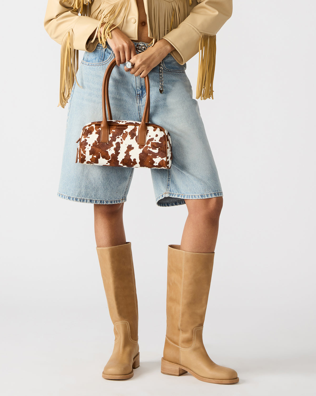 ANISE Bag Brown Cow Print Elongated Shoulder Strap Handbag | Steve Madden