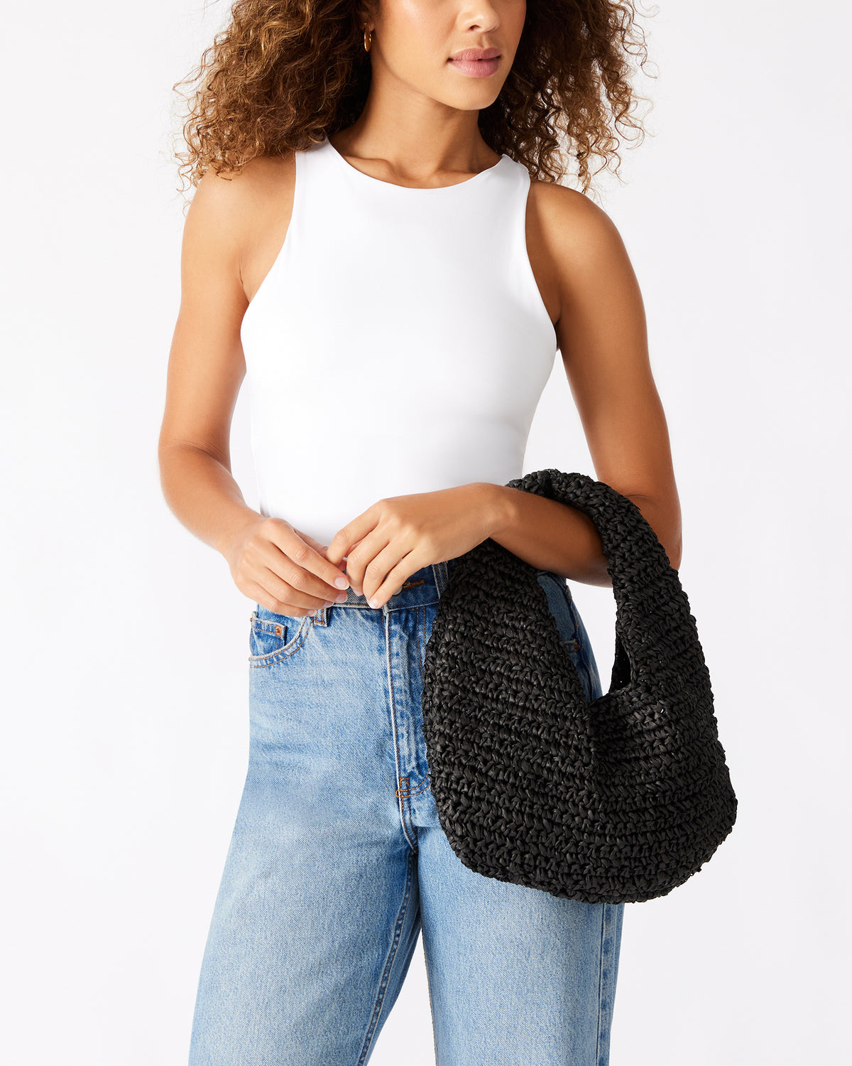DAENRYS Black Women's Crescent Shaped Straw Shoulder Bag | Steve Madden