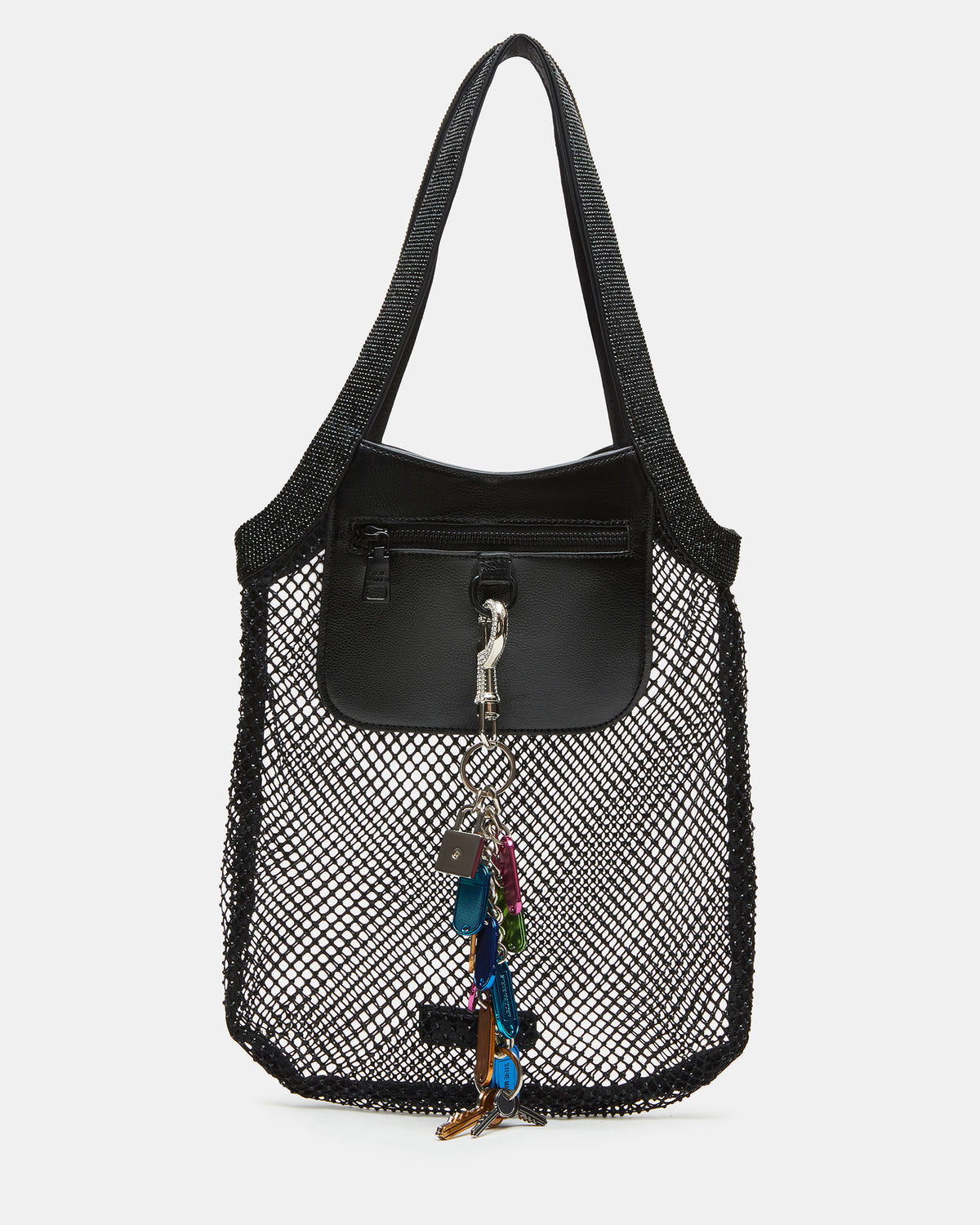 MAKIA Black Women's Crystal Rhinestone Shoulder Strap Net Tote Handbag | Steve Madden