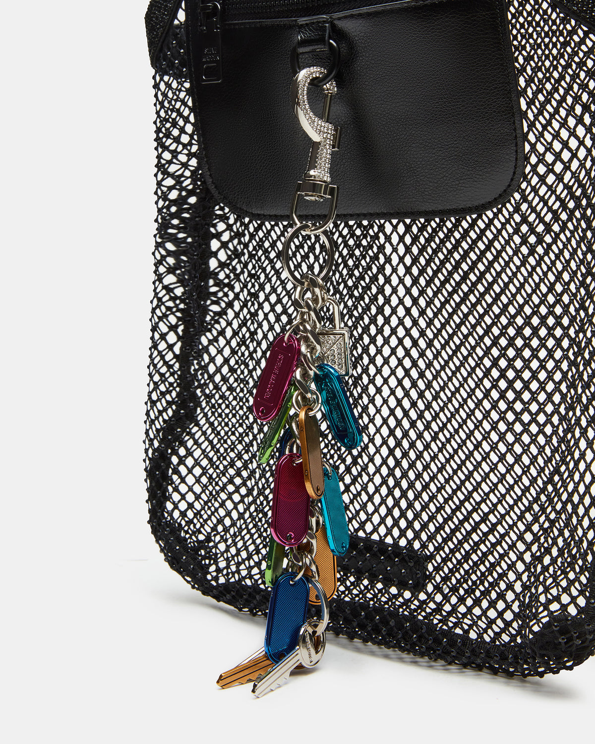 MAKIA Black Women's Crystal Rhinestone Shoulder Strap Net Tote Handbag | Steve Madden