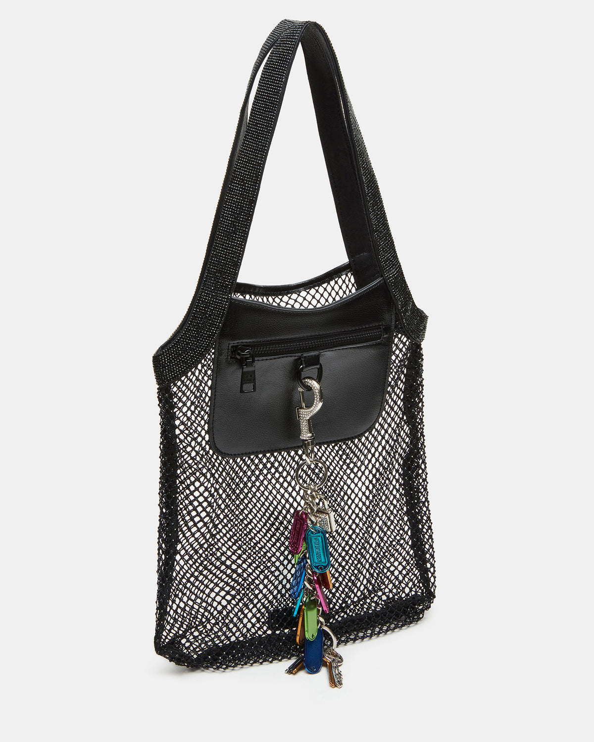 MAKIA Black Women's Crystal Rhinestone Shoulder Strap Net Tote Handbag | Steve Madden