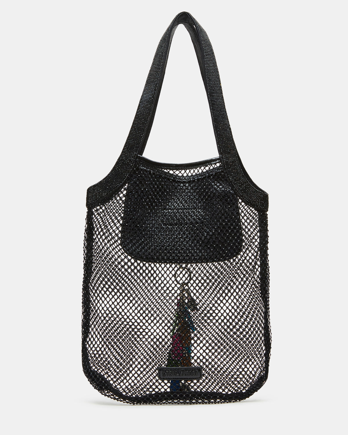 MAKIA Black Women's Crystal Rhinestone Shoulder Strap Net Tote Handbag | Steve Madden