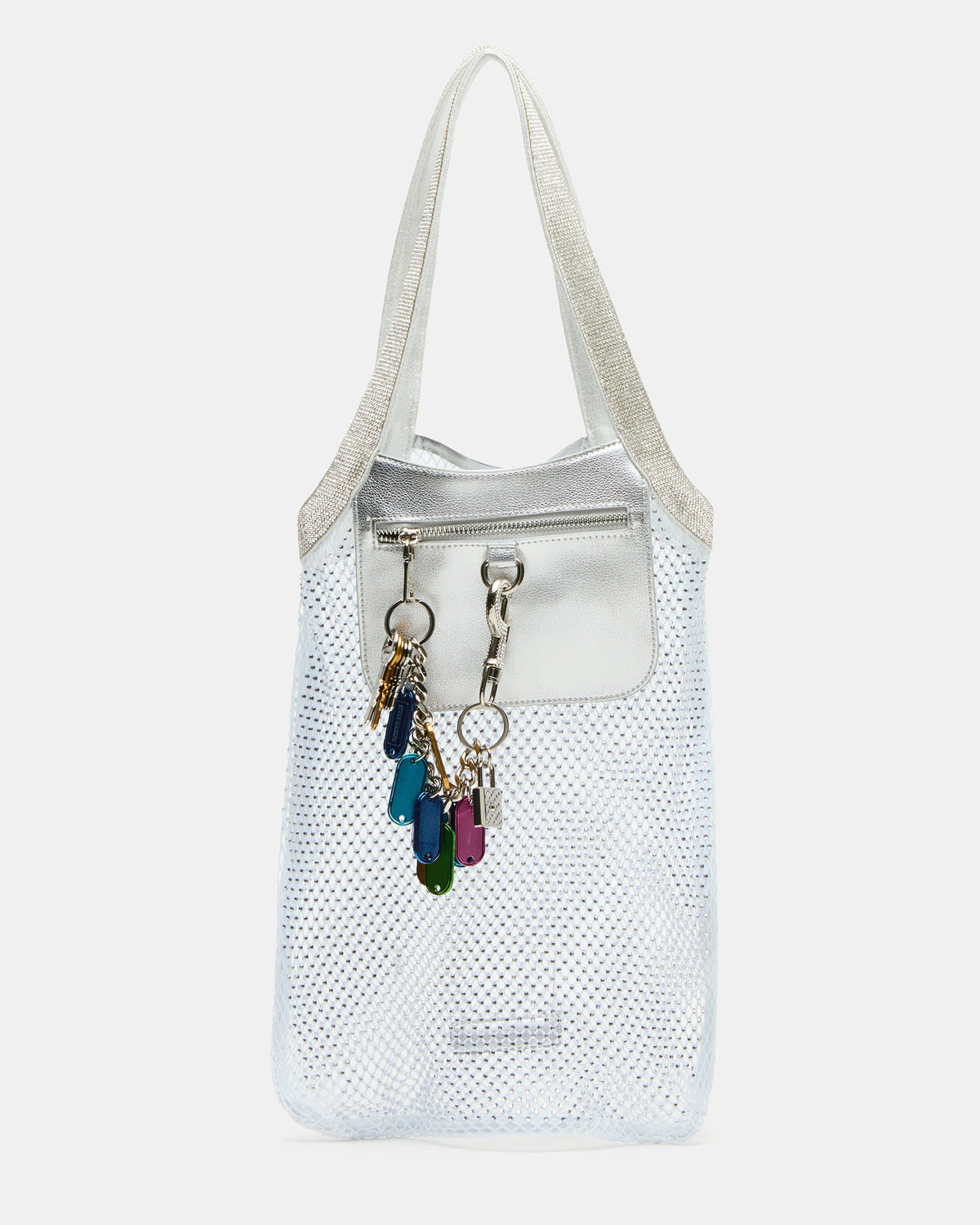 MAKIA White Women's Crystal Rhinestone Shoulder Strap Net Tote Handbag | Steve Madden