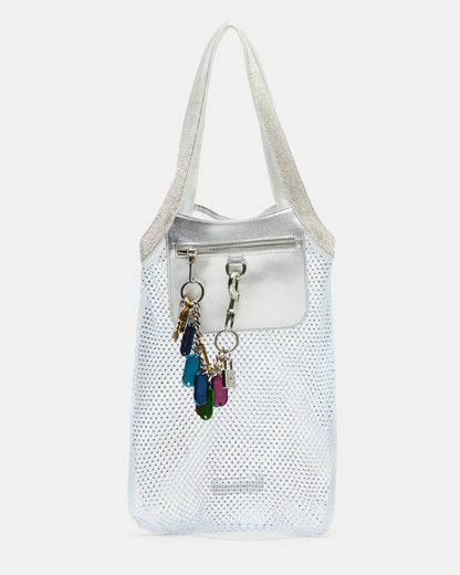 MAKIA White Women's Crystal Rhinestone Shoulder Strap Net Tote Handbag | Steve Madden