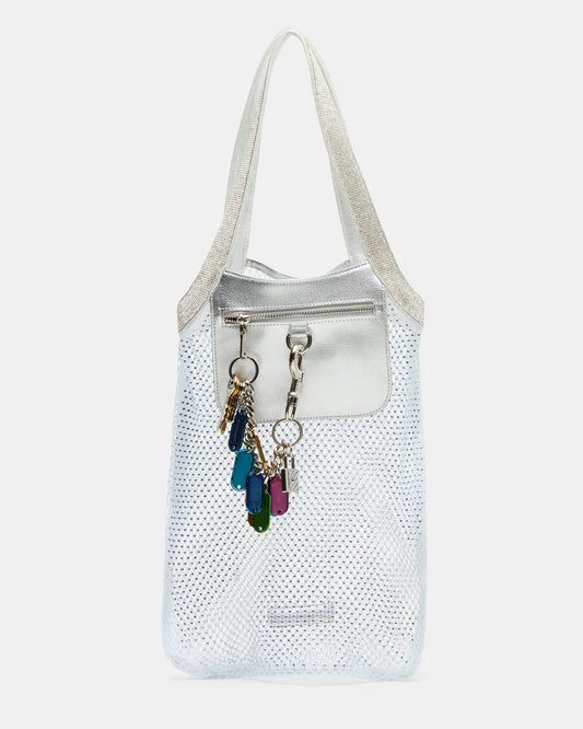 MAKIA White Women's Crystal Rhinestone Shoulder Strap Net Tote Handbag | Steve Madden