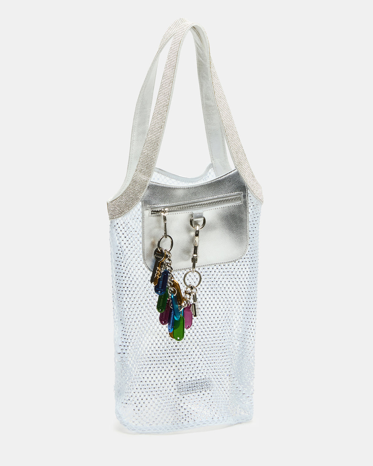MAKIA White Women's Crystal Rhinestone Shoulder Strap Net Tote Handbag | Steve Madden