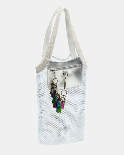 MAKIA White Women's Crystal Rhinestone Shoulder Strap Net Tote Handbag | Steve Madden