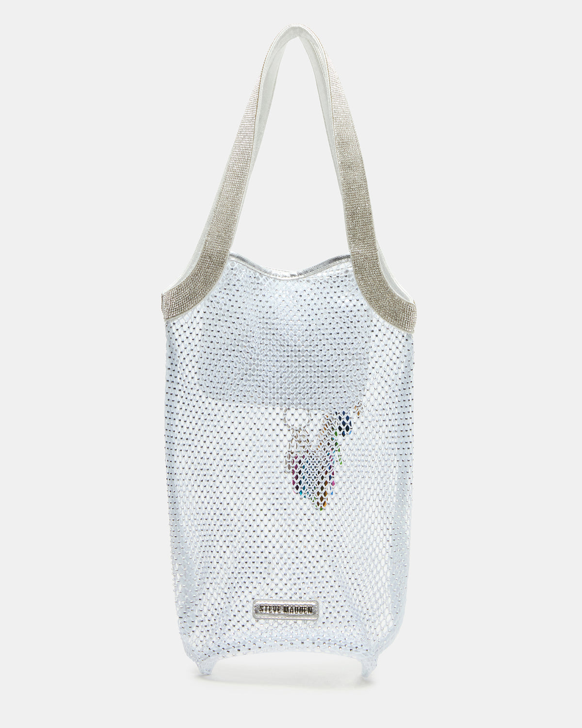 MAKIA White Women's Crystal Rhinestone Shoulder Strap Net Tote Handbag | Steve Madden