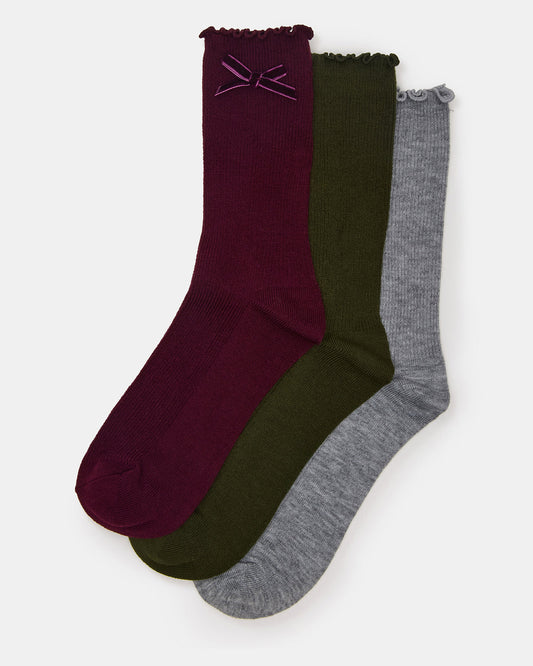 3 PACK FOLLY VELVET BOW RIB CREW SOCKS CHERRY Women's Lettuce Edge Delicate Bow Socks | Steve Madden