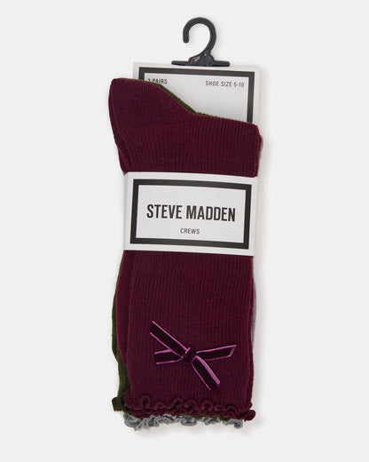 3 PACK FOLLY VELVET BOW RIB CREW SOCKS CHERRY Women's Lettuce Edge Delicate Bow Socks | Steve Madden