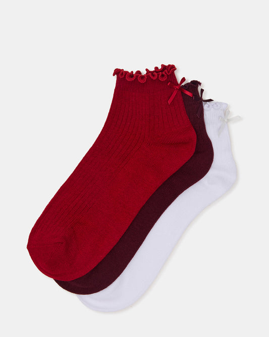 3 PACK MELODY LETTUCE EDGE BOW SOCKS RED MULTI Women's Bow Anklet Socks | Steve Madden