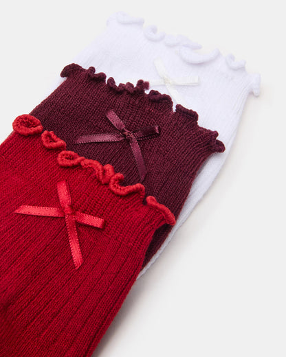 3 PACK MELODY LETTUCE EDGE BOW SOCKS RED MULTI Women's Bow Anklet Socks | Steve Madden