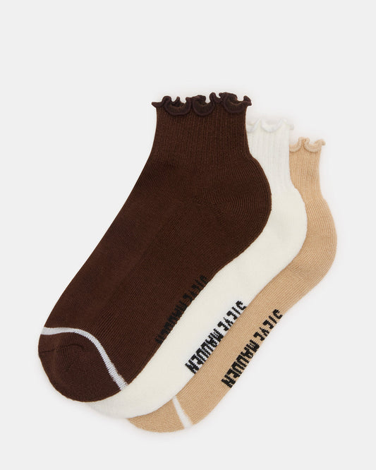 CHEER 3 PACK LETTUCE EDGE SOCKS Brown Women's Anklet Socks | Steve Madden