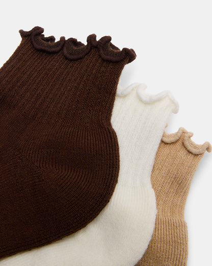 CHEER 3 PACK LETTUCE EDGE SOCKS Brown Women's Anklet Socks | Steve Madden