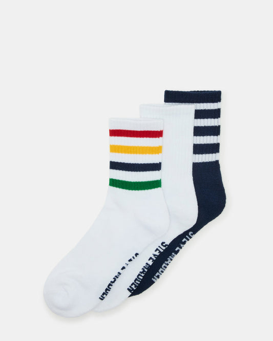 3 Pack Striped Crew Socks Women's White Multi | Steve Madden