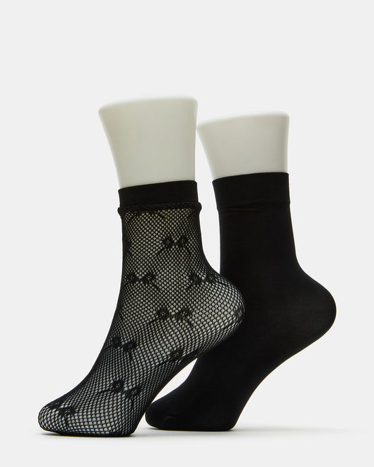 2 Pack Bow Fishnet Anklet Women's Lace Quarter Socks Black | Steve Madden