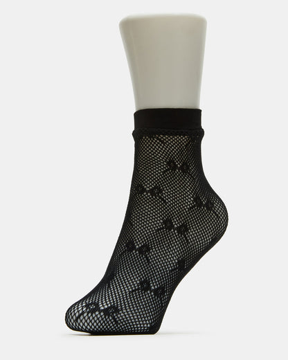 2 Pack Bow Fishnet Anklet Women's Lace Quarter Socks Black | Steve Madden