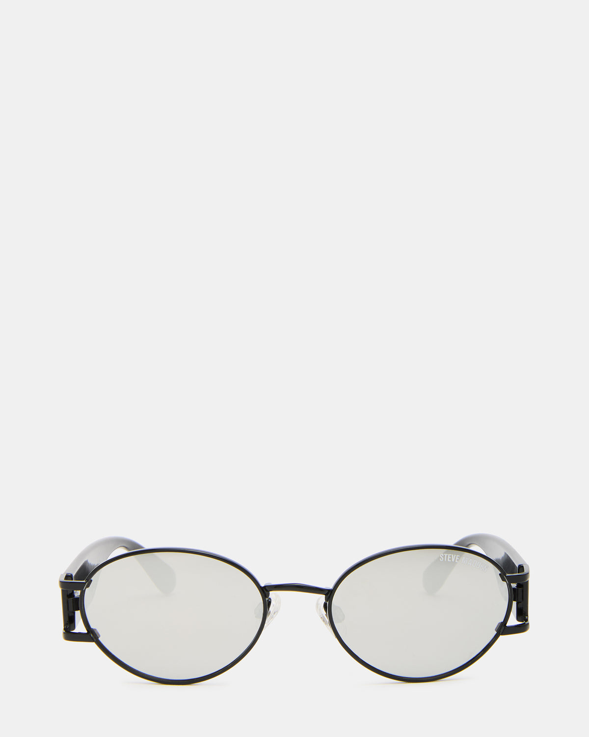 DUTTEN Black Frame Almond Solid Smoke Silver Flash Oval Sunglasses | Steve Madden