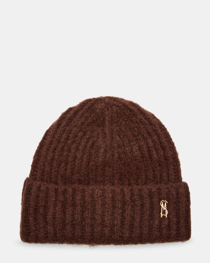 LOGO BEANIE Dark Brown Fuzzy RIbbed Knit Women's Beanie | Steve Madden