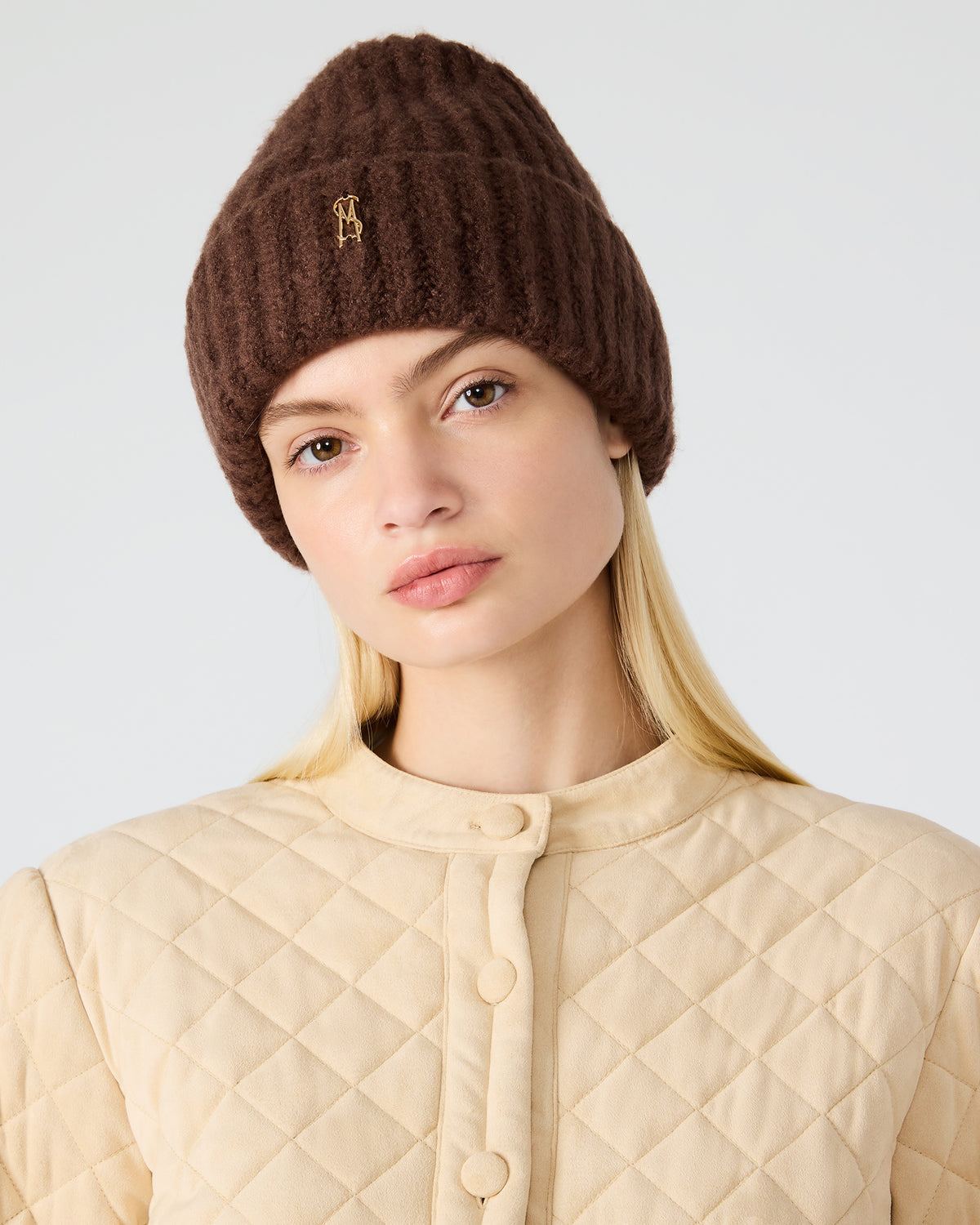 LOGO BEANIE Dark Brown Fuzzy RIbbed Knit Women's Beanie | Steve Madden