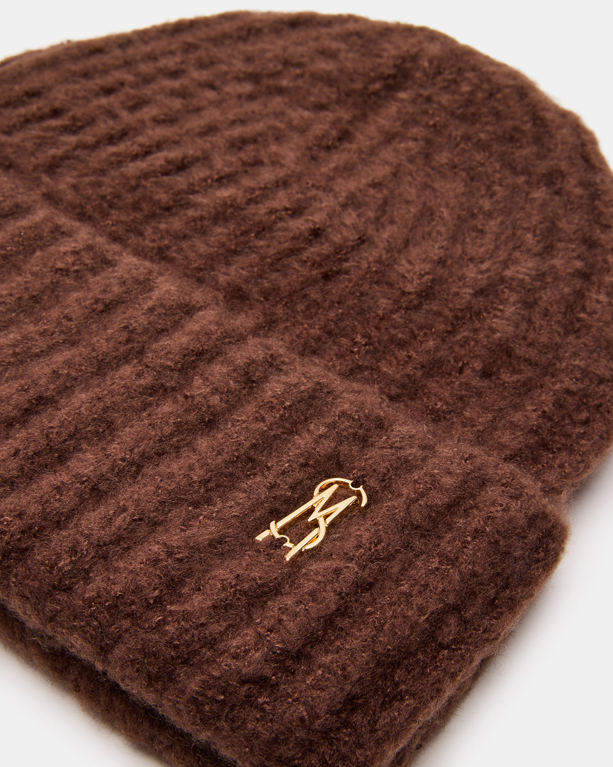 LOGO BEANIE Dark Brown Fuzzy RIbbed Knit Women's Beanie | Steve Madden