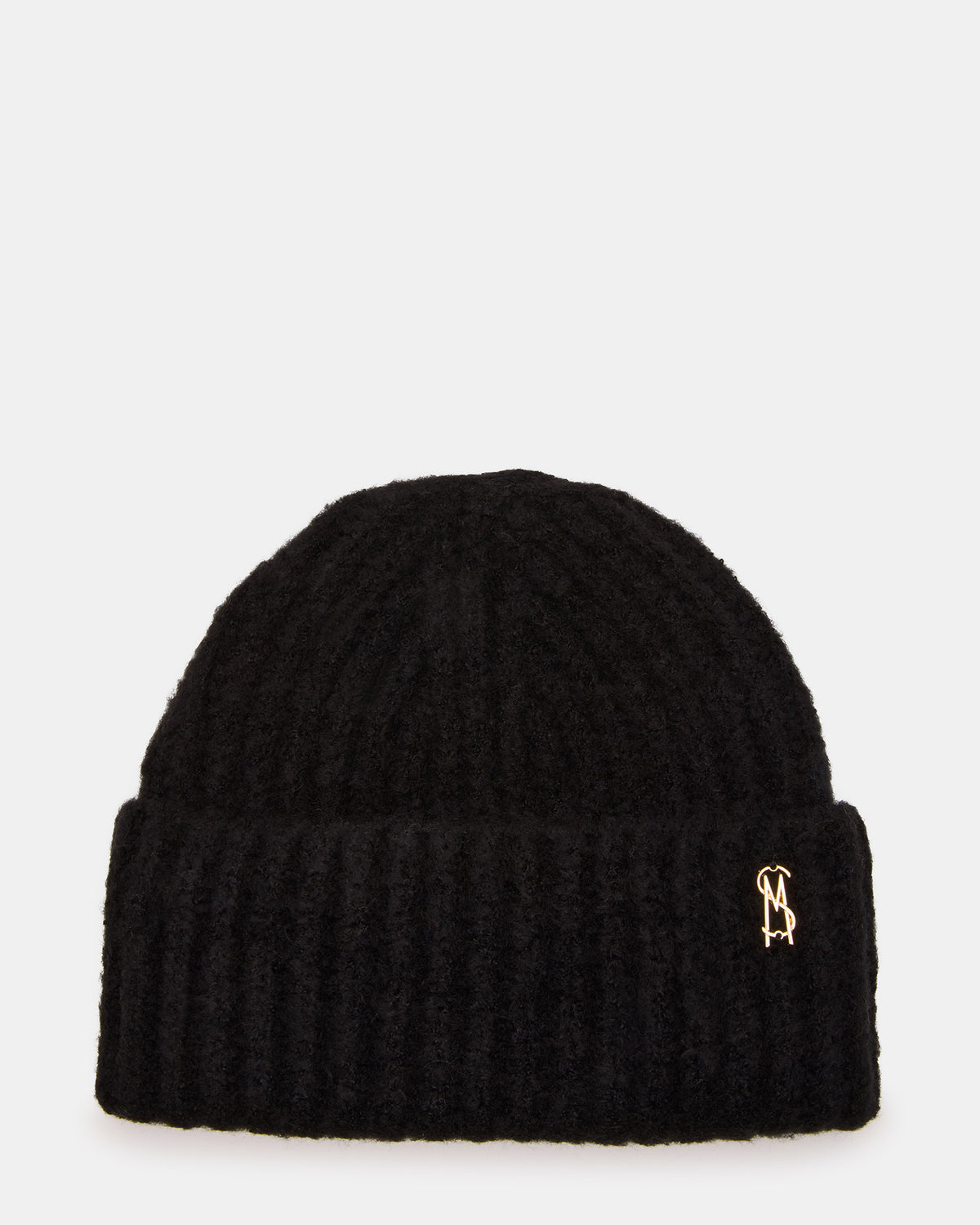 LOGO BEANIE Black Fuzzy RIbbed Knit Women's Beanie | Steve Madden